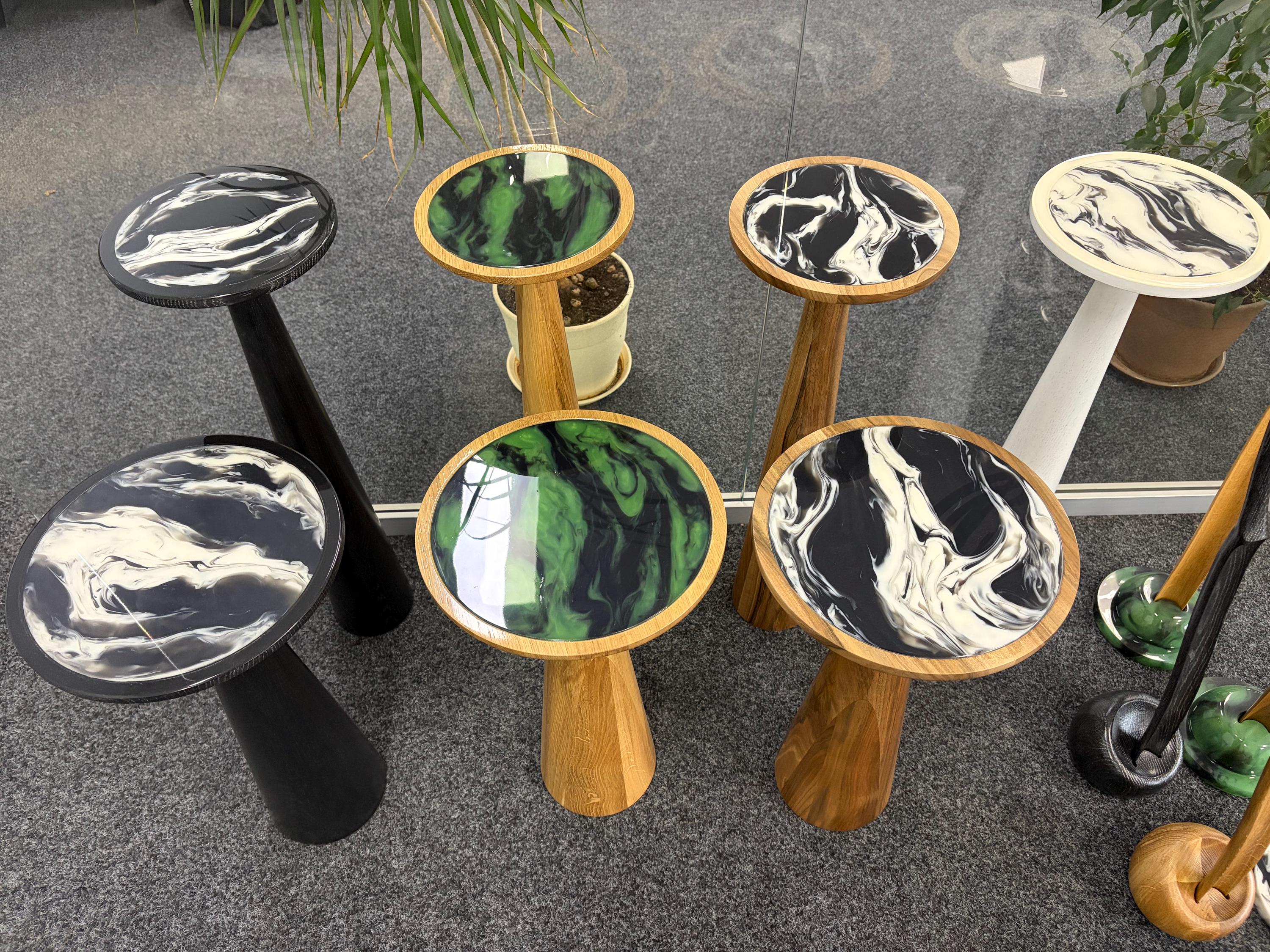 Wood Mushroom End Table, Resin Table Top, Plant Stand