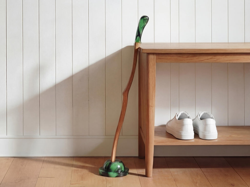 Handcrafted Extra Long Wooden Shoehorn with Stand, Walnut/Oak, Green Epoxy Resin Handle