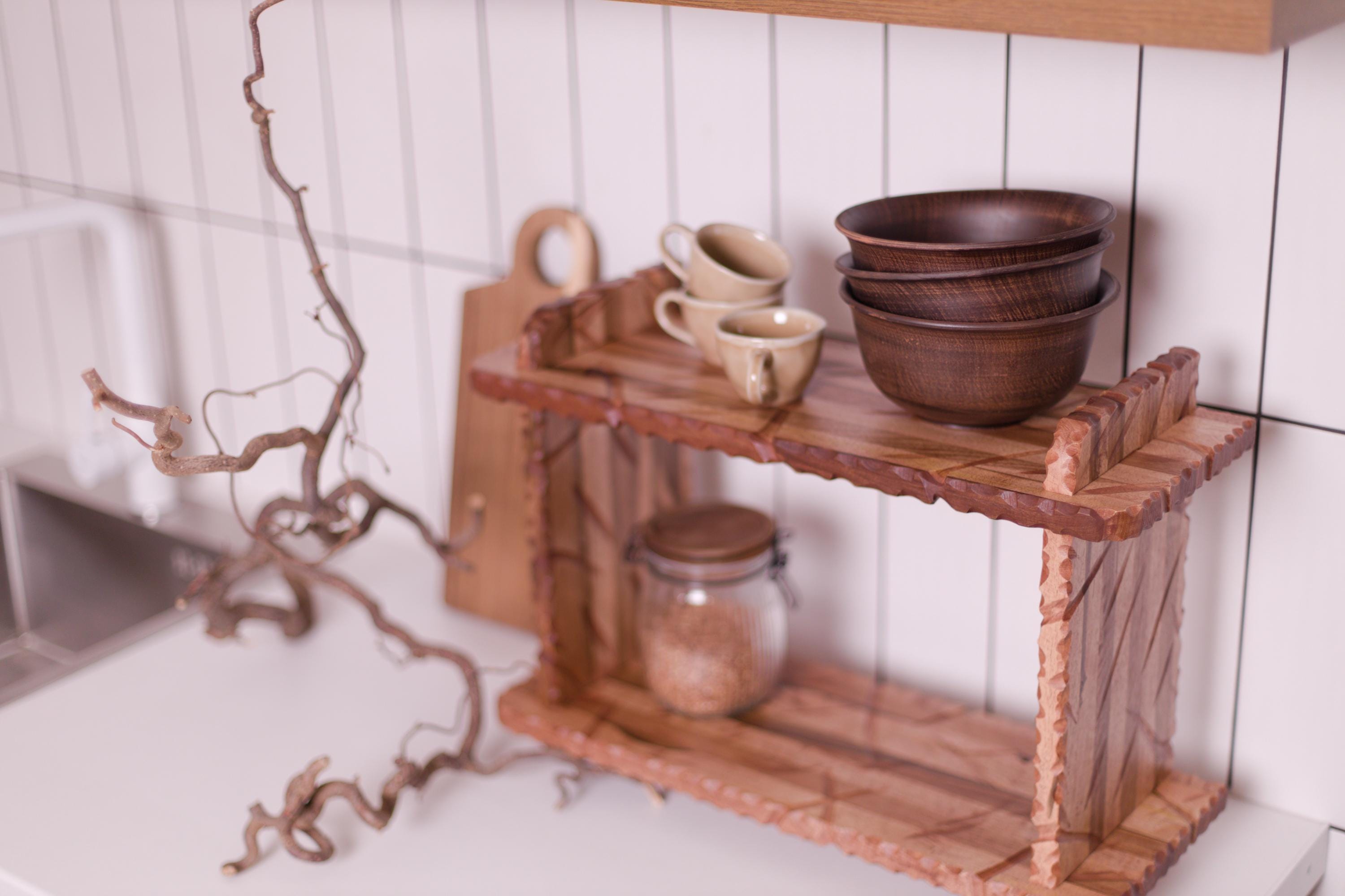Kitchen wood counter organizer, display stand, handmade spice rack, mid century shelf