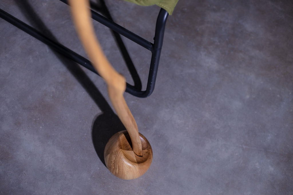 Ergonomic long wooden shoe horn with stand, rustic handmade boot accessory