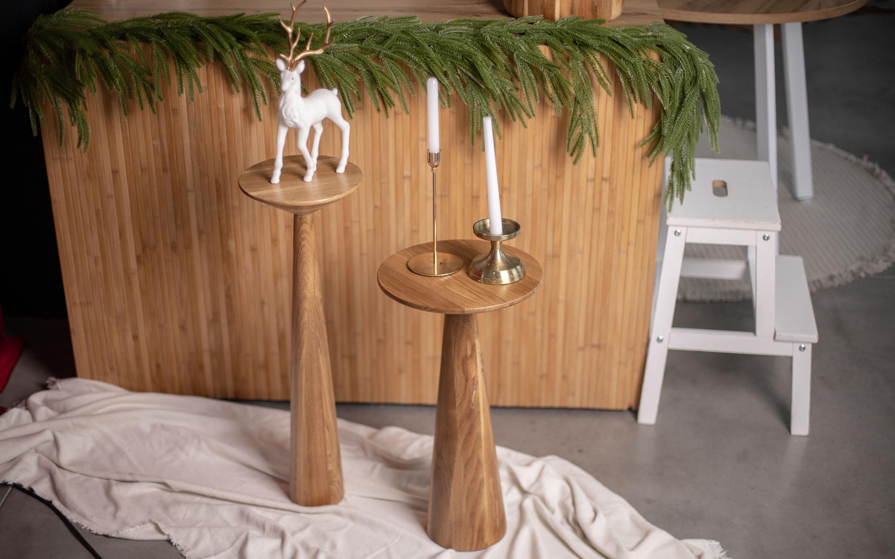 Small oak side table, modern pedestal table, minimalist wood accent decor