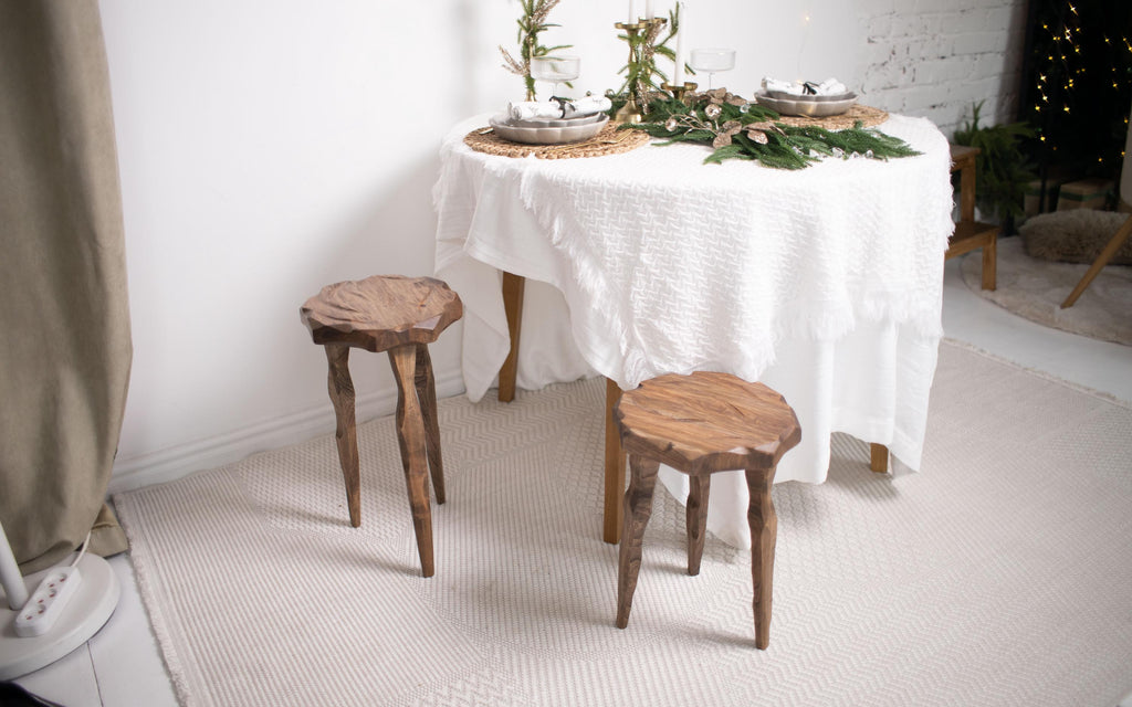Rustic wood stool, handmade step platform, round pedestal stand
