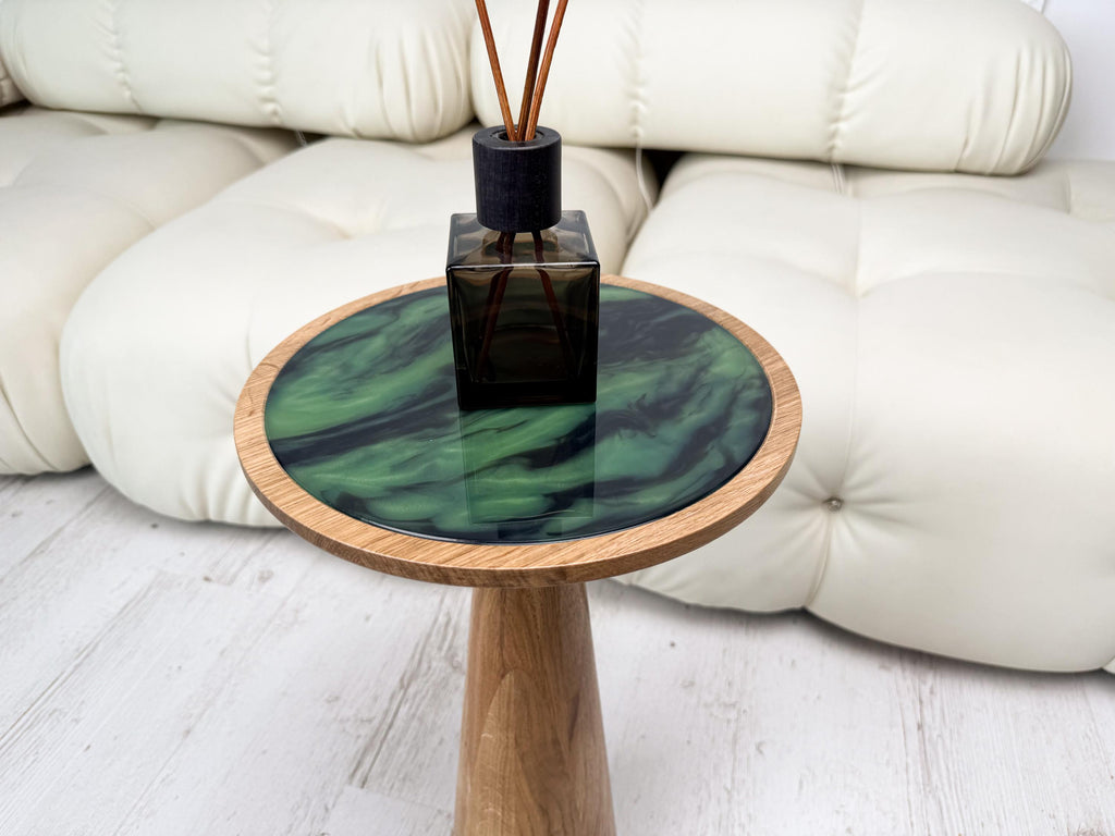 Wood and resin plant stand, small round side table, farmhouse decor gift