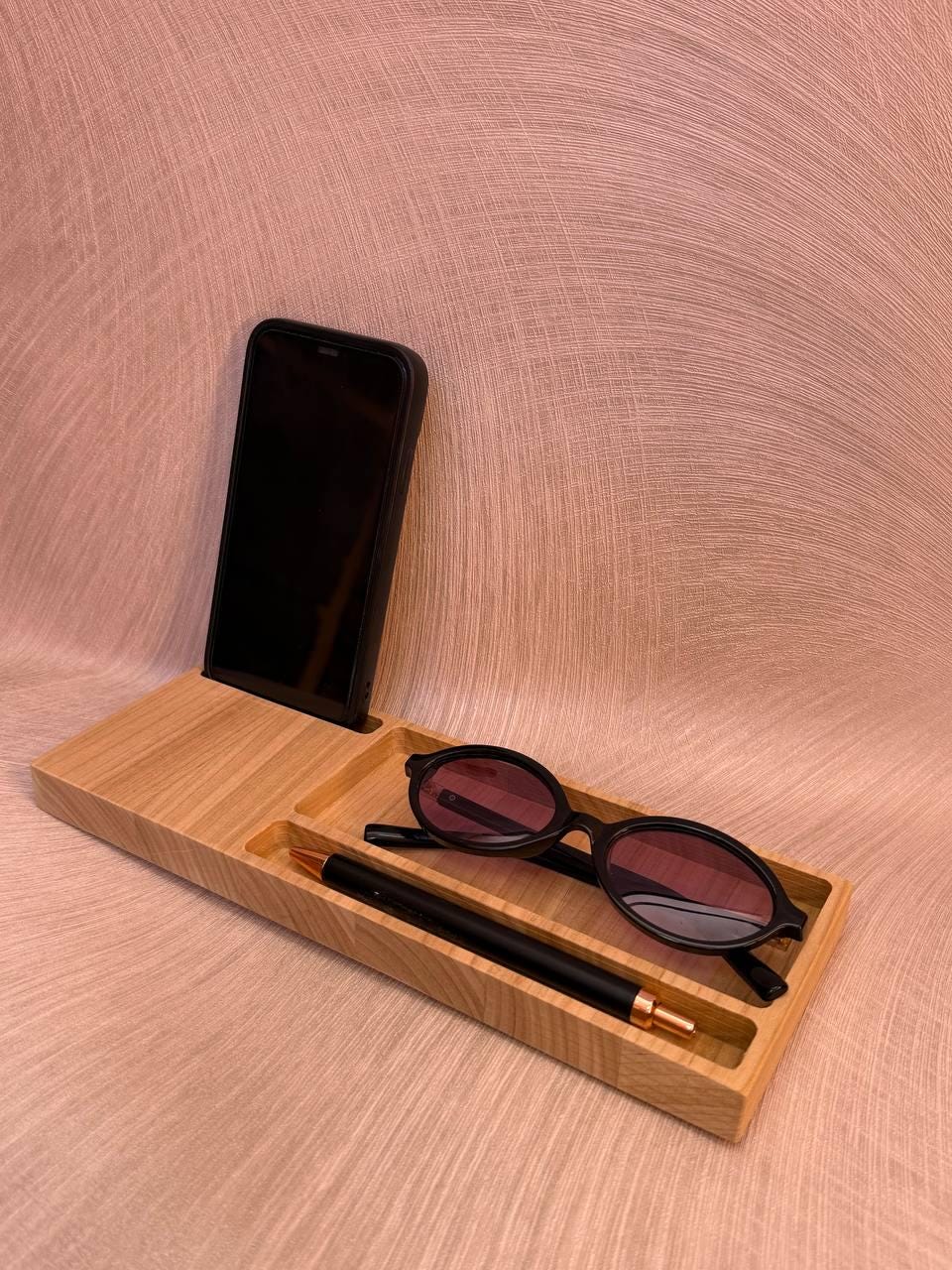 Wood Desk Organizer, Round Phone Stand, Pen & Glasses Display