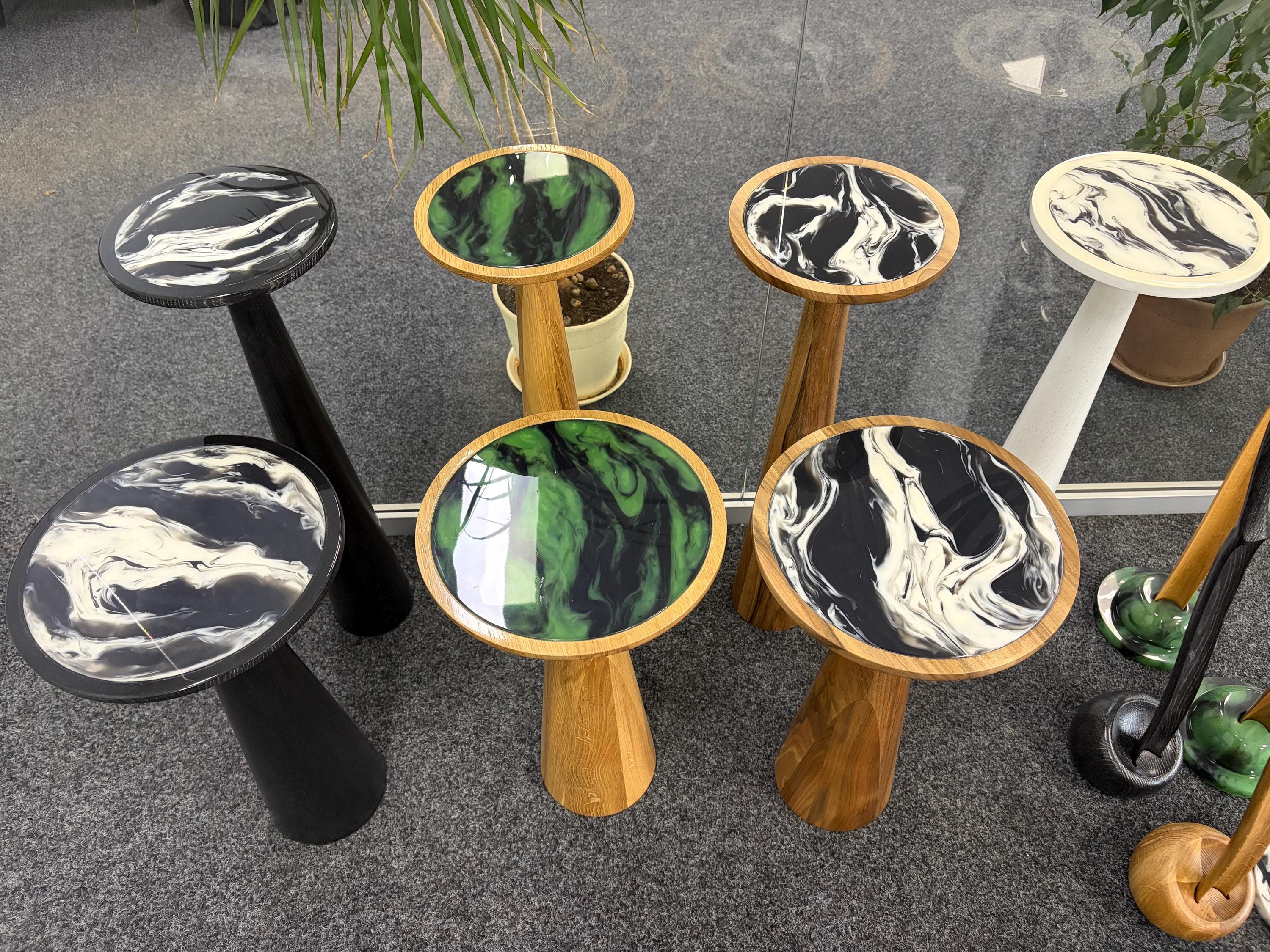 Oak Plant Stand, Resin Table Top, Handmade Accent Furniture
