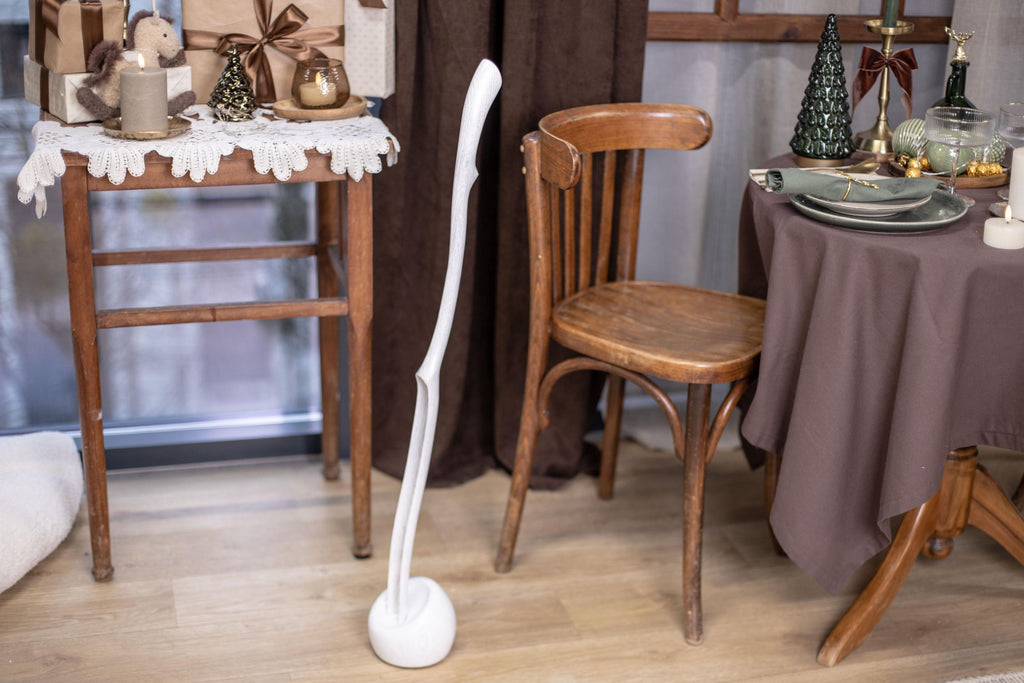 White long wooden shoe spoon, shoe horn with handle, entryway decor accessory