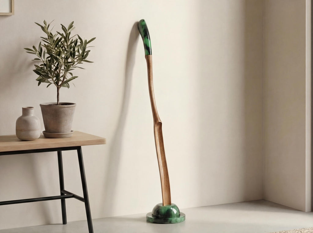 Extra-Long Wooden Shoehorn with Epoxy Handle and Stand – Durable Walnut/Oak Entryway Accessory