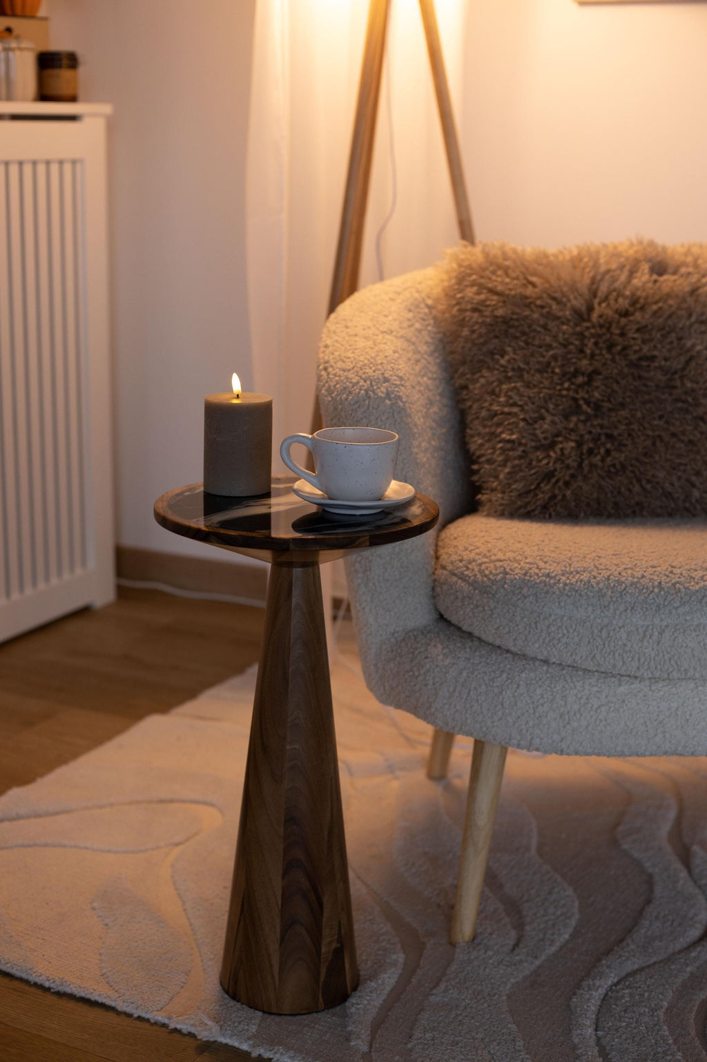 Handmade wood accent table, mid-century pedestal plant stands
