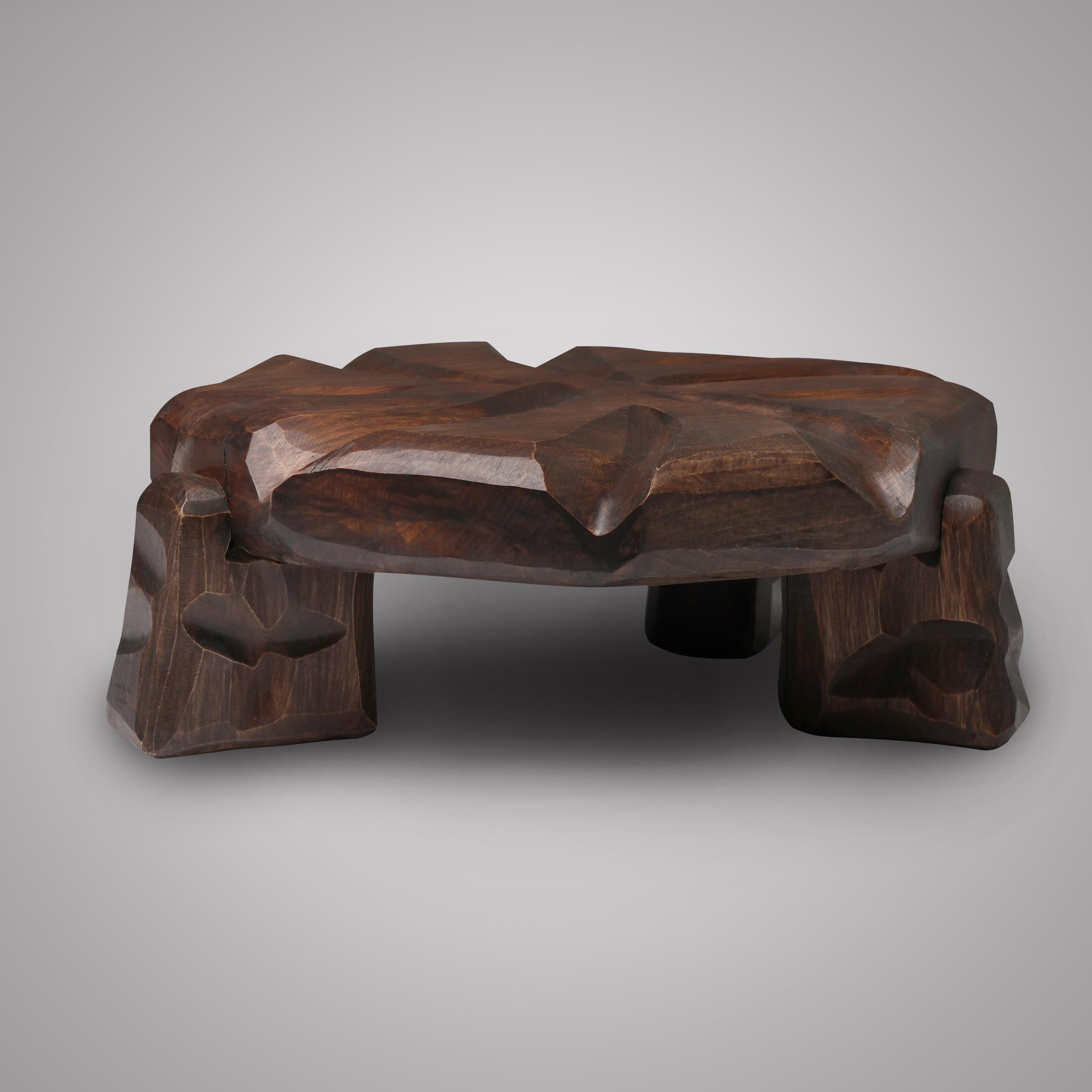 Handmade Greek Walnut Wood Plant Stand, Sculptural Tabletop Decor Accent