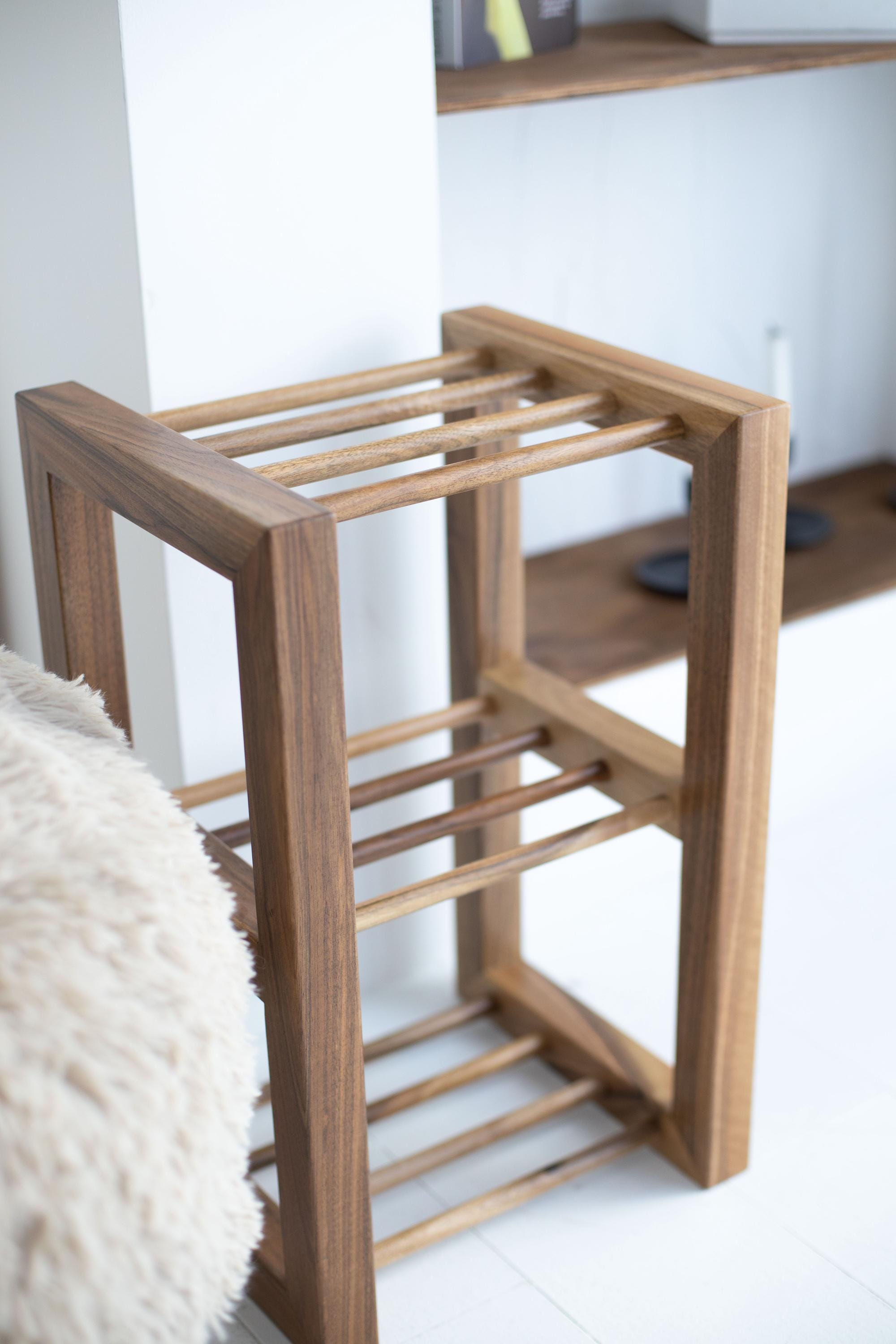 Handmade Oak Shoe Rack, Vertical Entryway Storage, Narrow Shoe Bench