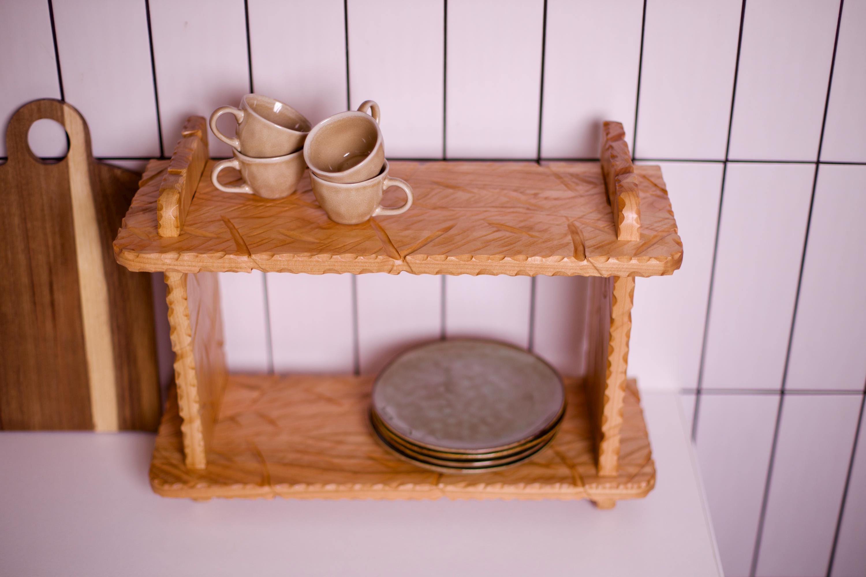 Handmade wooden kitchen spice rack and organizer, wood dish rack shelf