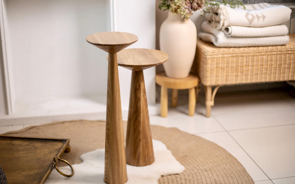 Small oak side table, modern pedestal table, minimalist wood accent decor