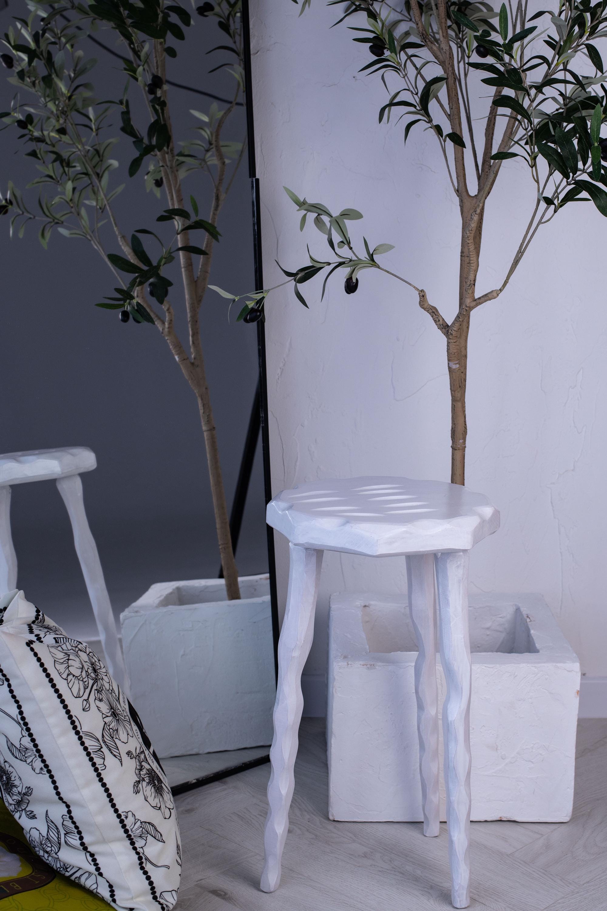 Tripod wood accent stool, solid wood plant stand, side table, rustic decor.