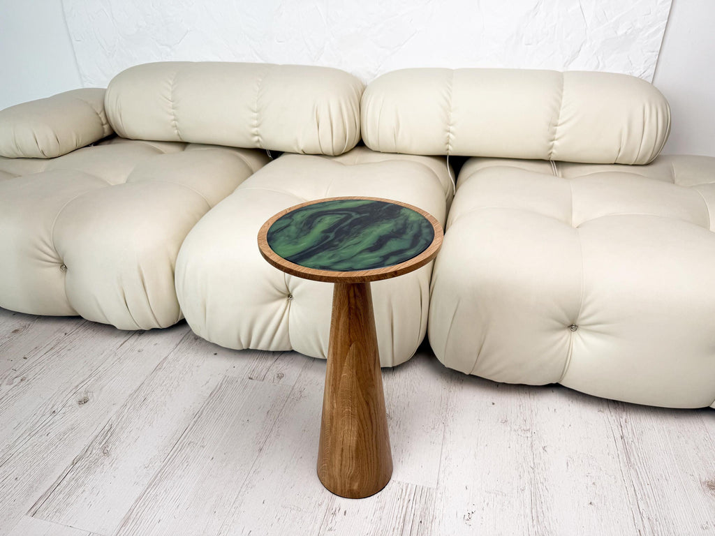 Wood and resin plant stand, small round side table, farmhouse decor gift