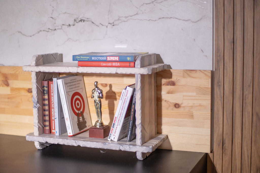 Farmhouse brown bookshelf, wooden desk shelf, book accessories, display shelf, bookish decor
