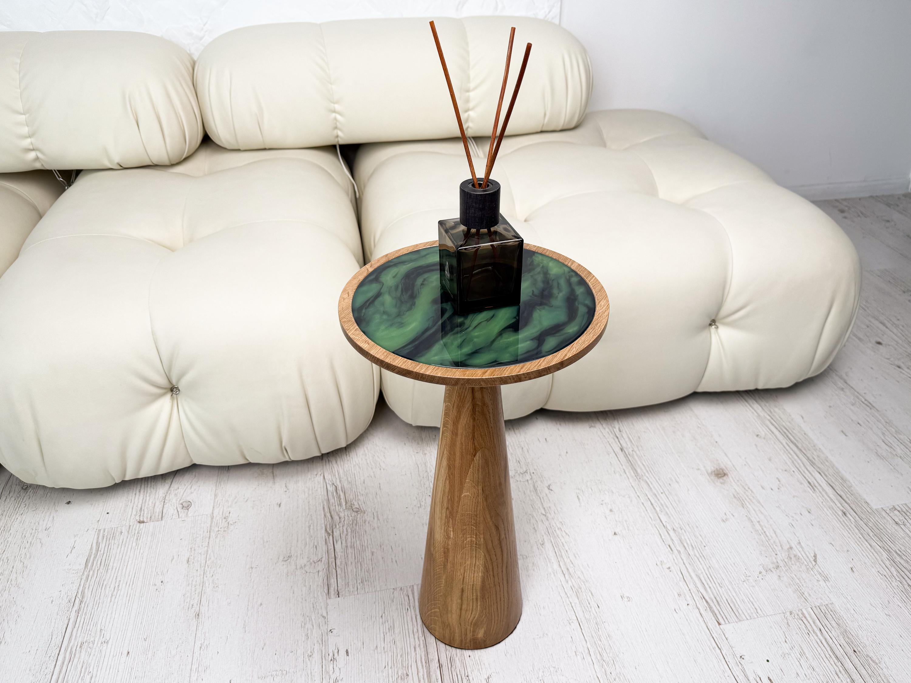 Handmade Oak Coffee Table | Green Swirl Epoxy Resin Accent