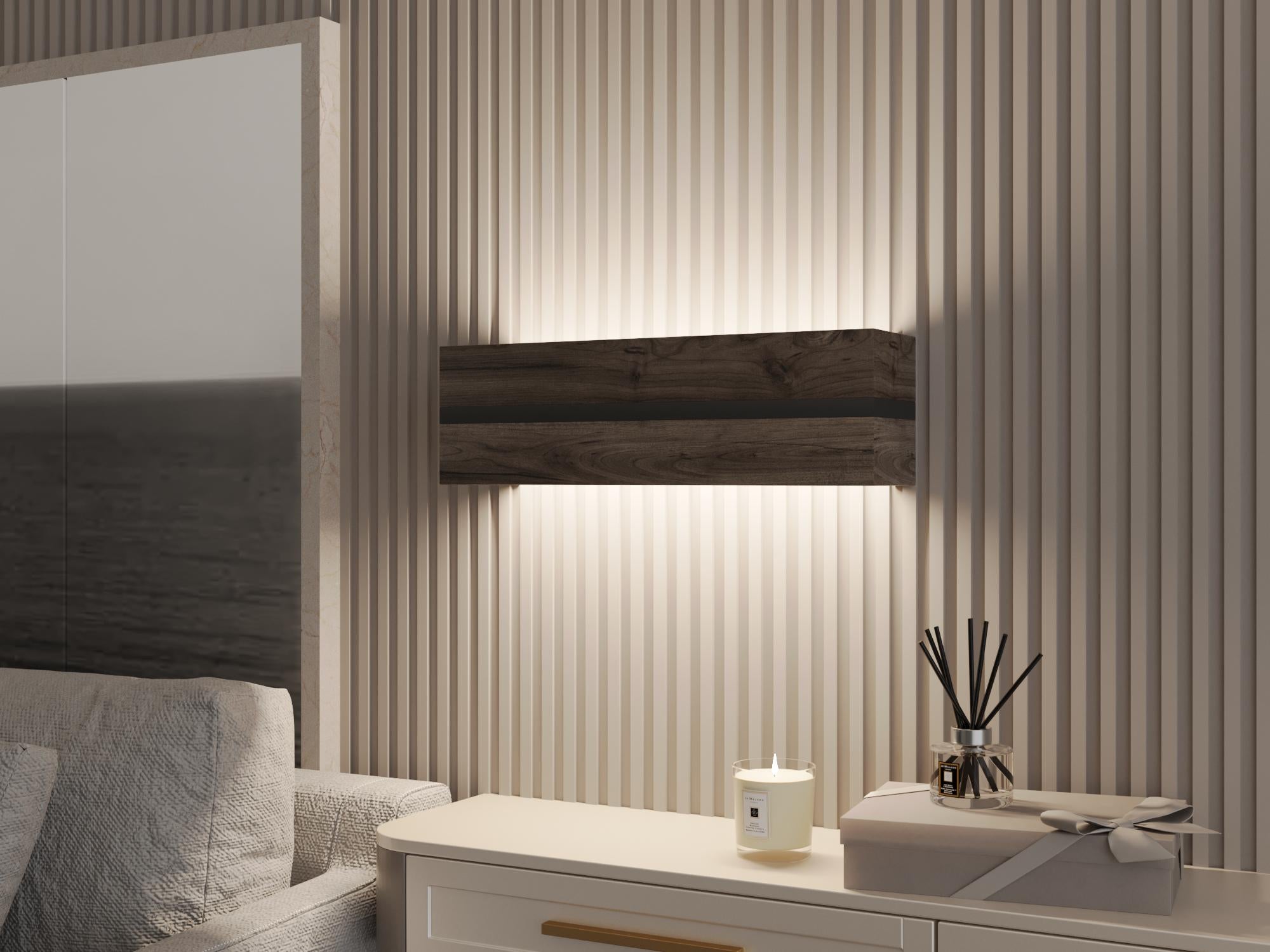 Handmade Brown Oak Wood Wall Sconce, Minimalist LED Bedside Lamp