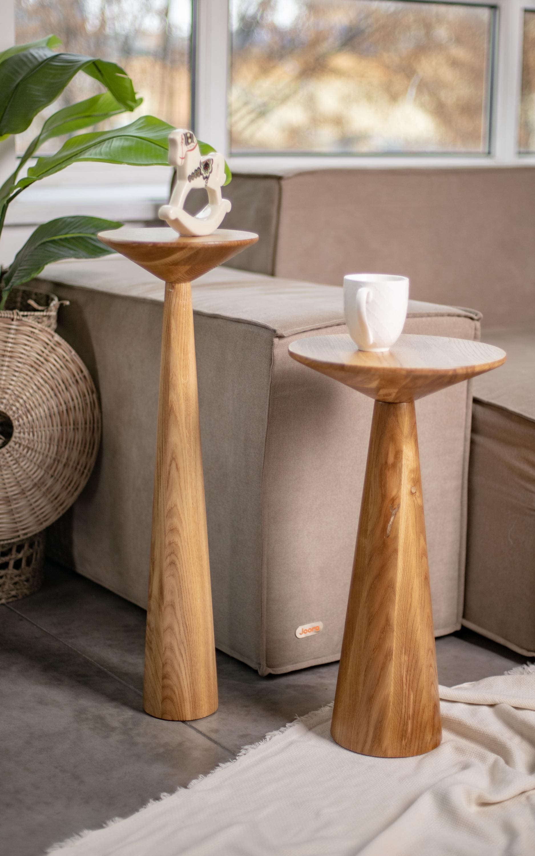 Rustic oak table, round accent furniture, modern bedroom handmade decor