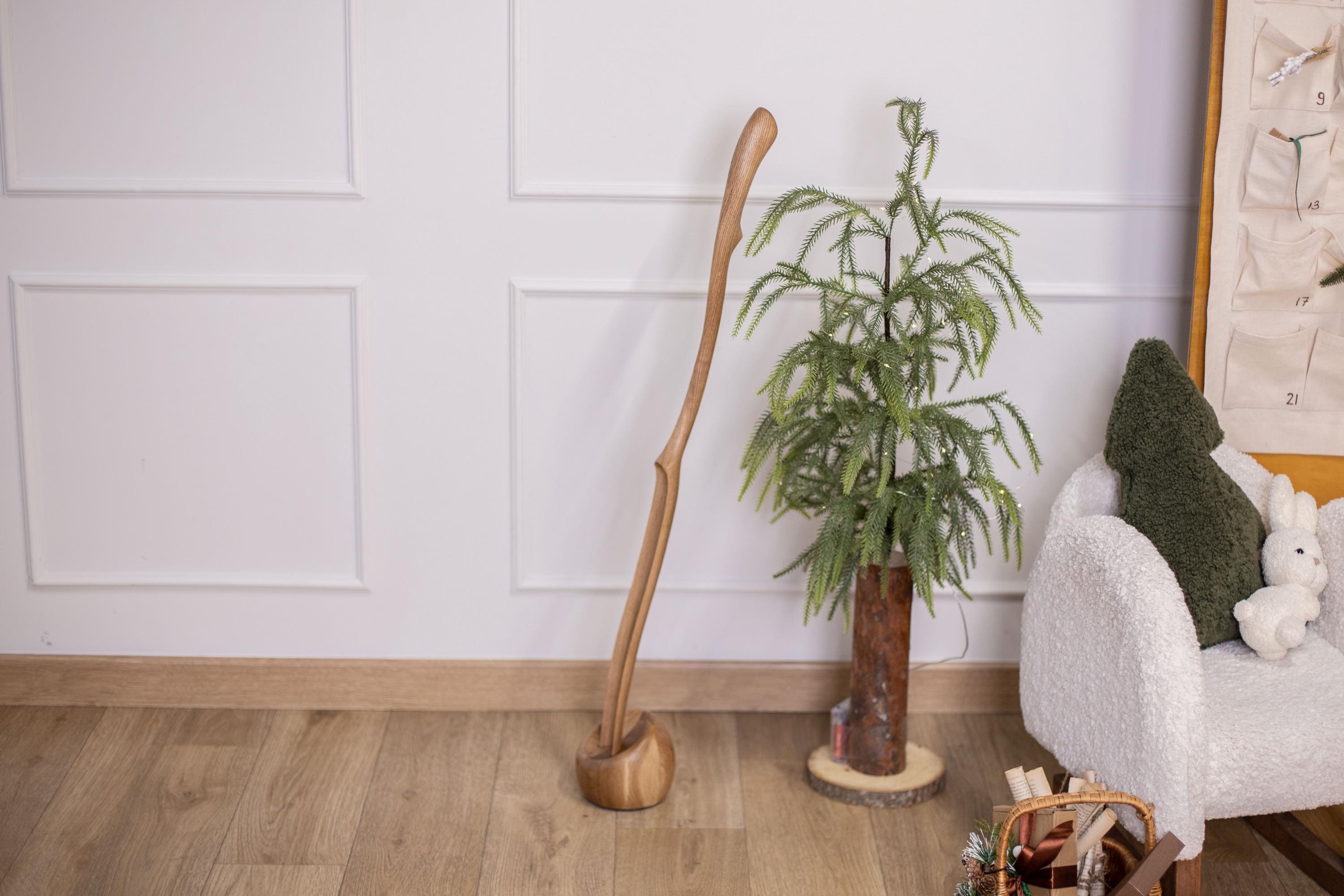 White long wooden shoe spoon, shoe horn with handle, entryway decor accessory