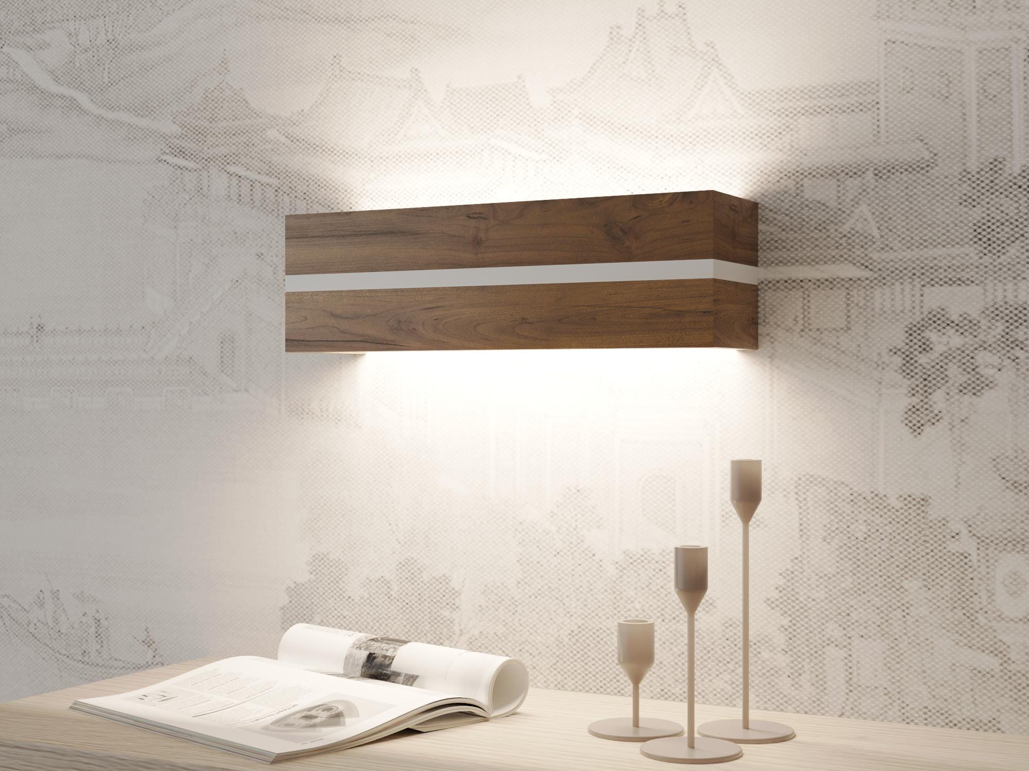 Handmade Brown Oak Wood Wall Sconce, Minimalist LED Bedside Lamp