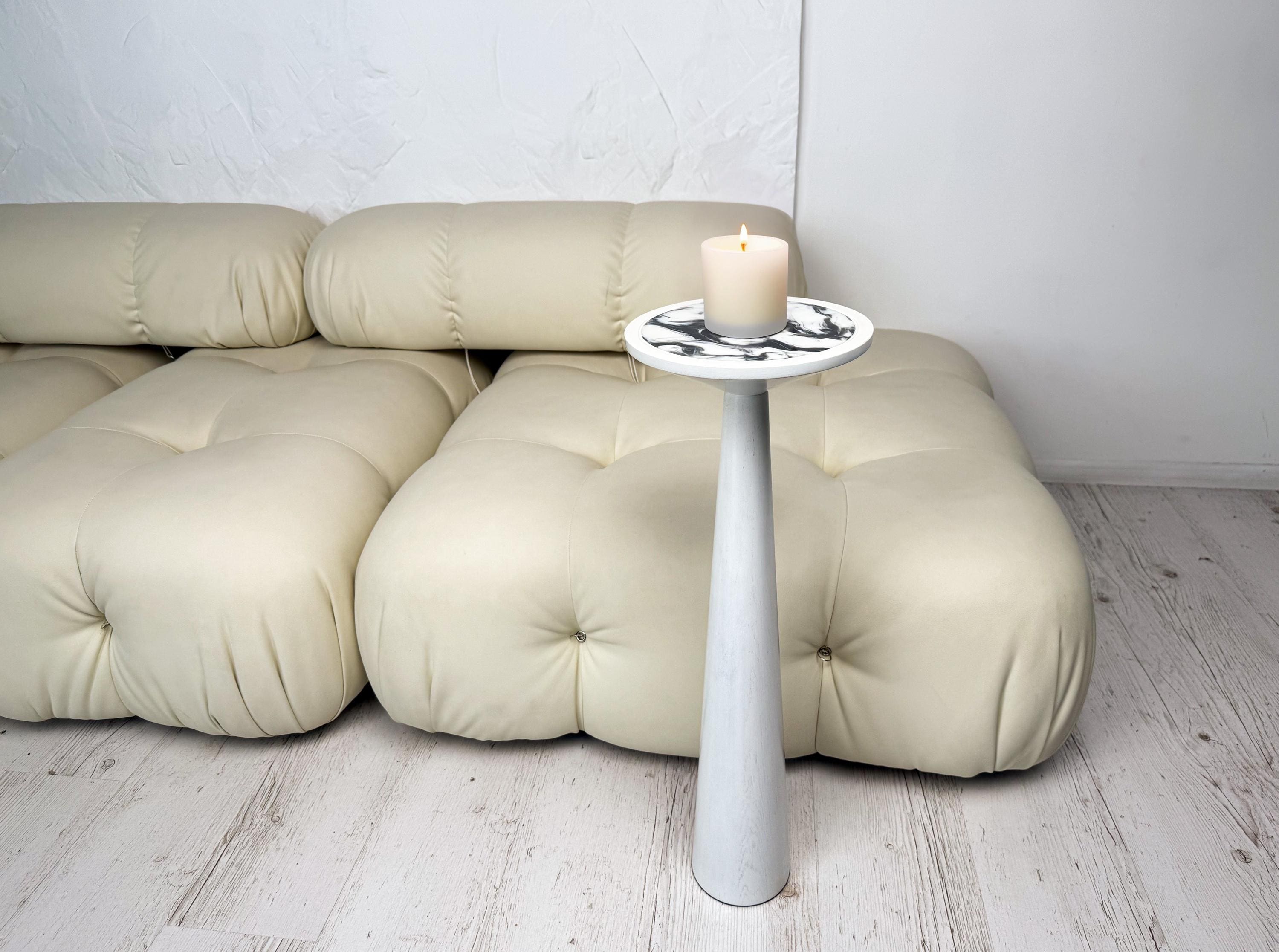 White epoxy resin plant stand, round wood side table, modern home decor gift
