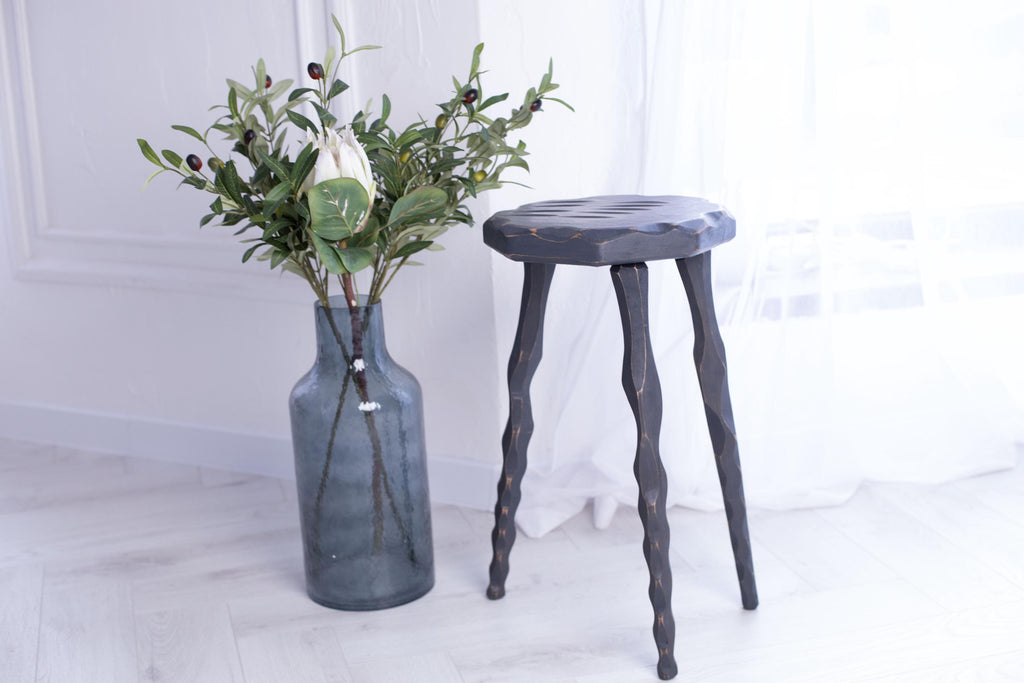 Handmade wood stool, tripod accent platform, rustic mid century decor