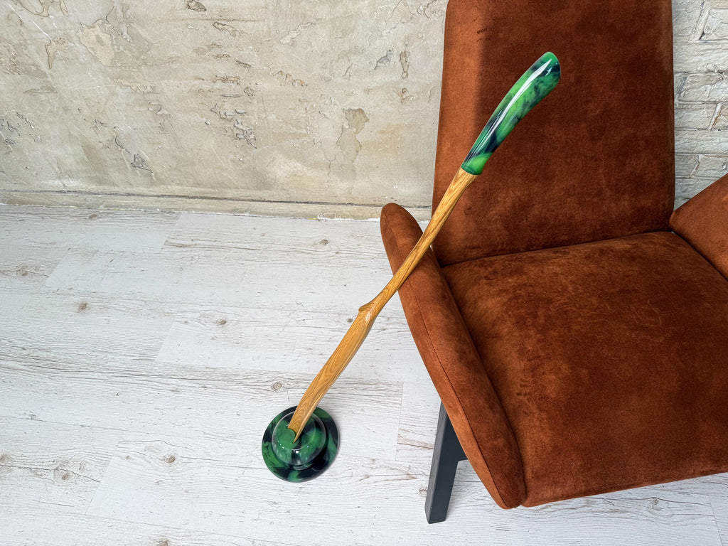 Handcrafted Extra Long Wooden Shoehorn with Stand, Walnut/Oak, Green Epoxy Resin Handle