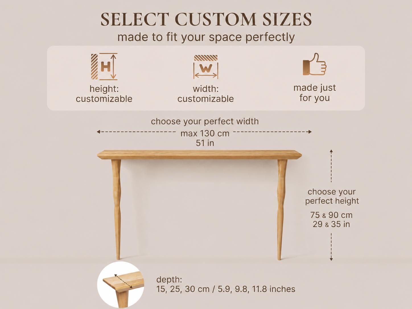 Oak Console Table – Handmade Narrow Entryway Table, Minimalist Hall Wood Sofa Table for Living Room