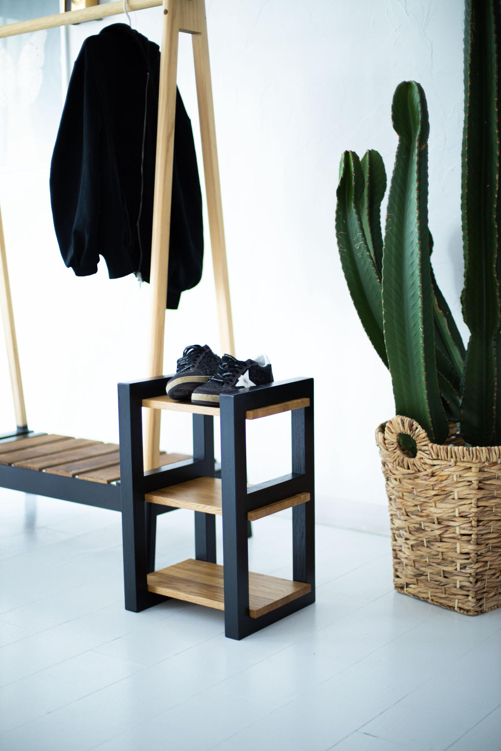 Handmade Oak Shoe Rack, Entryway Organizer Bench, Narrow Shoe Storage