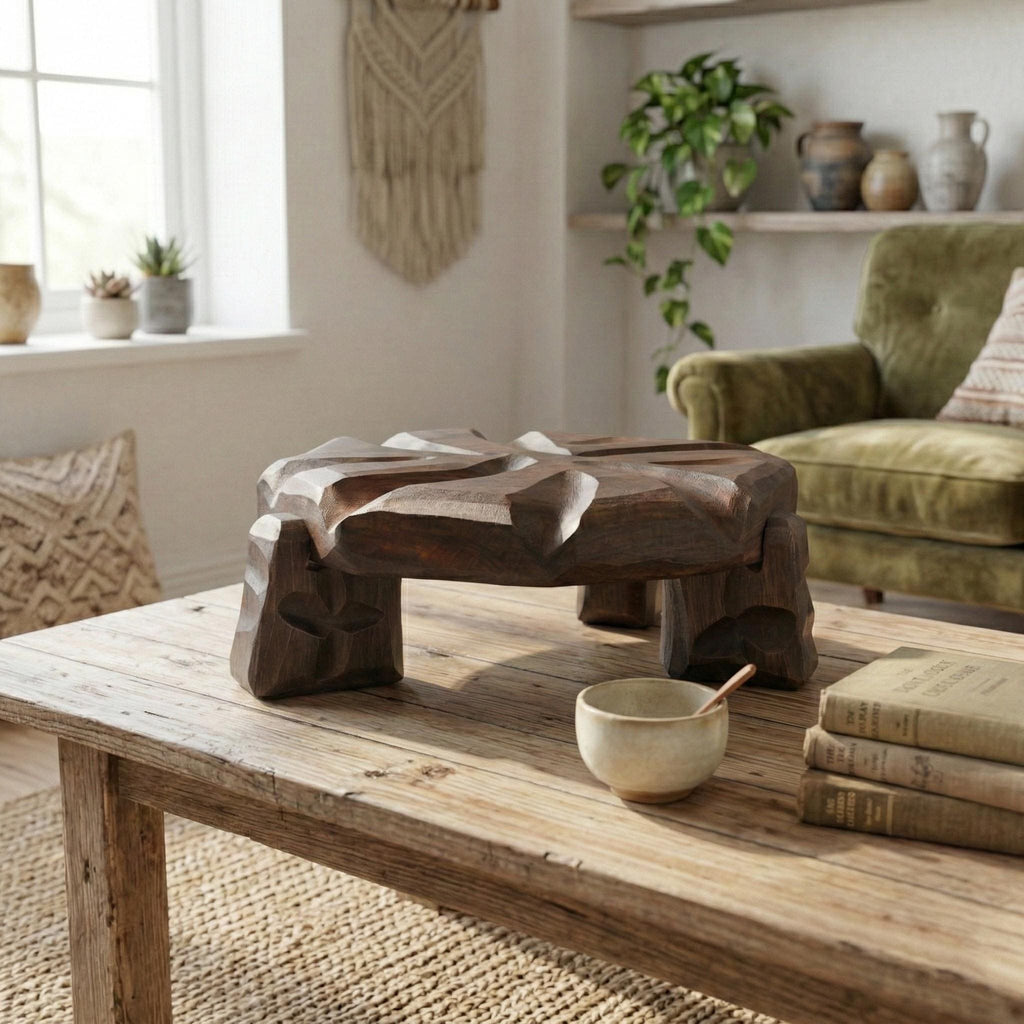 Handmade Greek Walnut Wood Plant Stand, Sculptural Tabletop Decor Accent