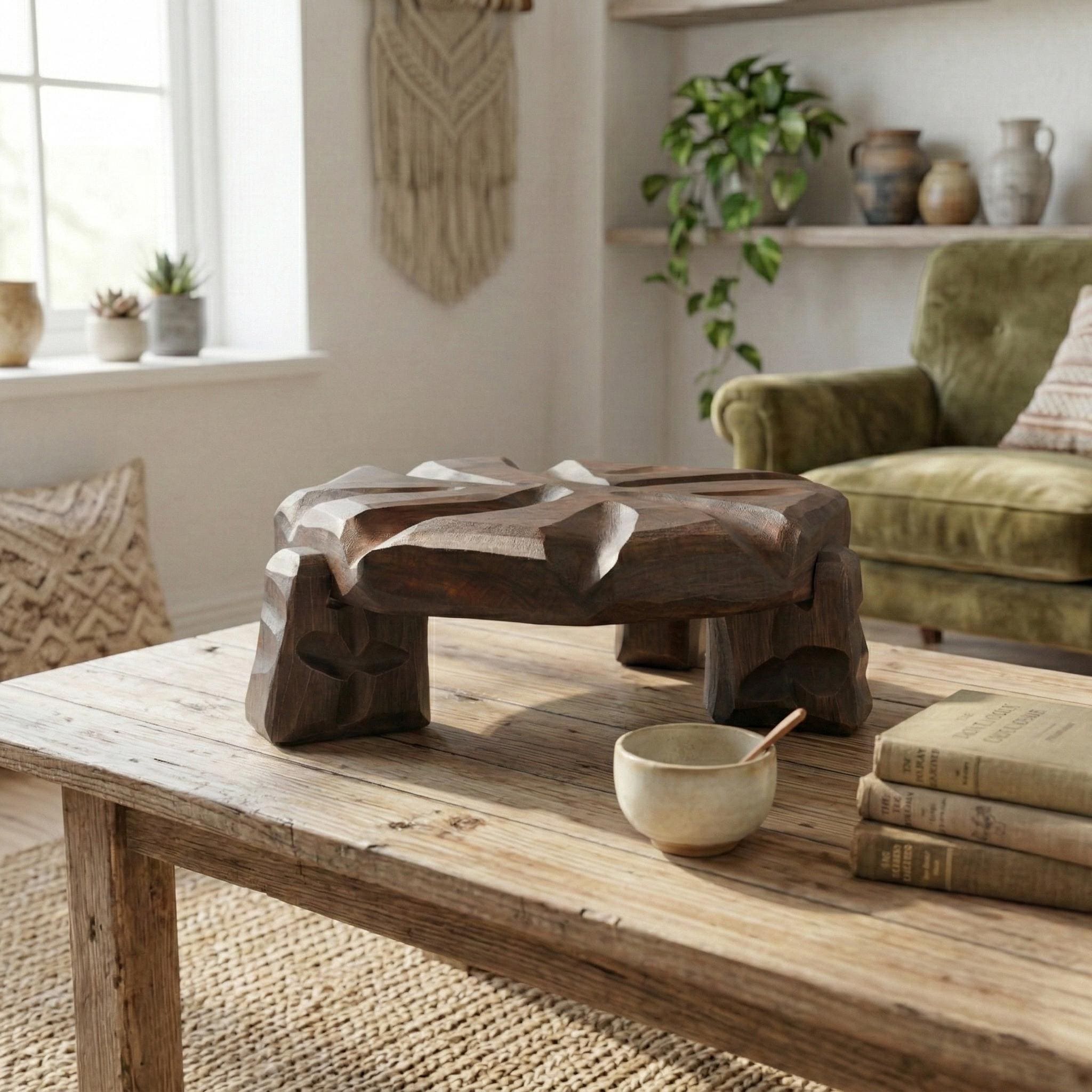Handmade Greek Walnut Wood Plant Stand, Sculptural Tabletop Decor Accent