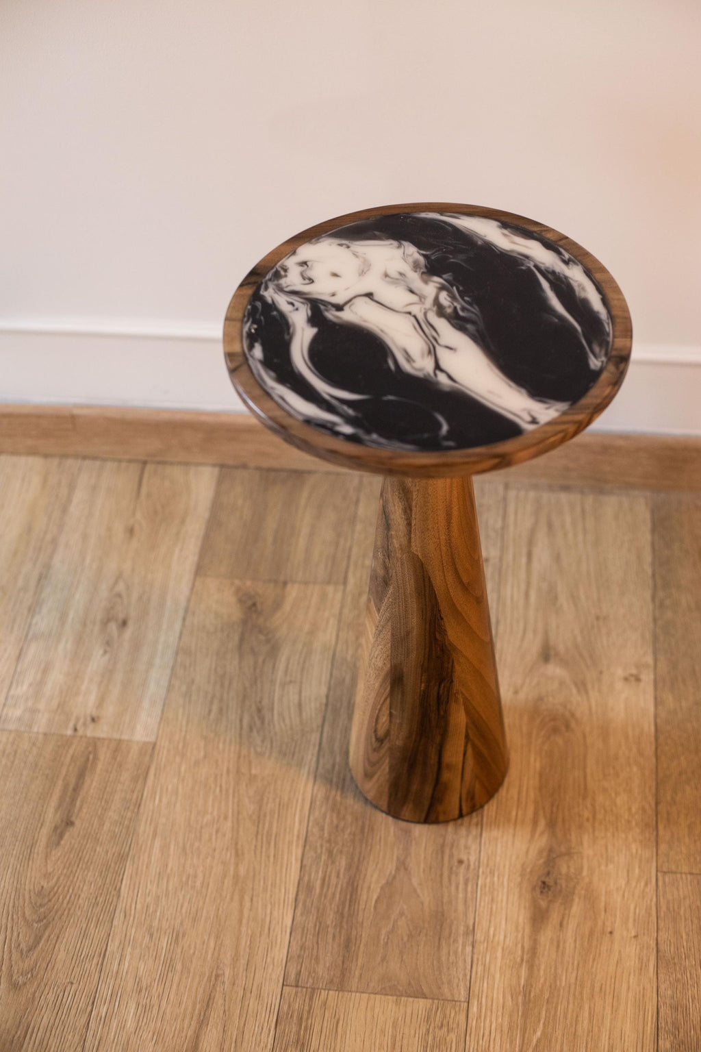 Handmade solid wood pedestal tables, tall round display stand