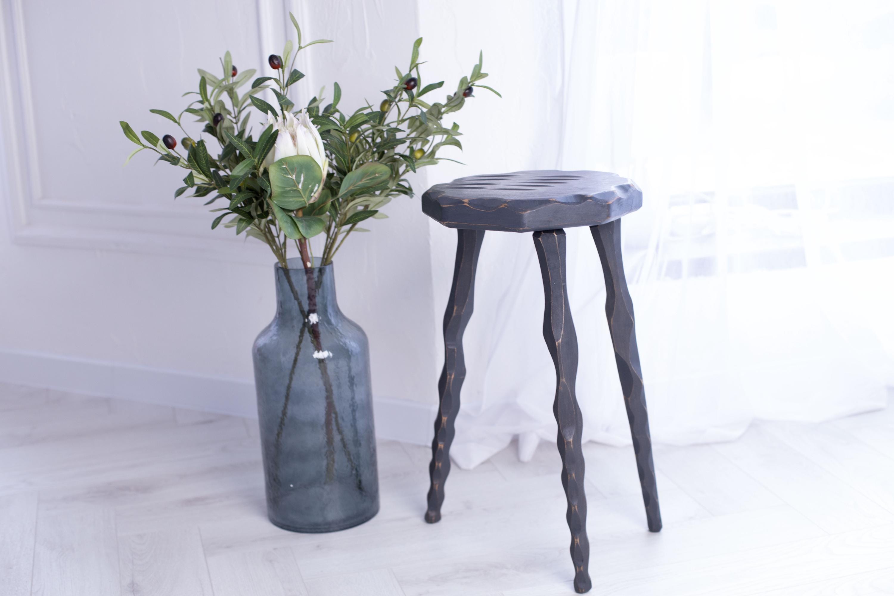 Hand-Carved Cherry Wood Plant Stand, Organic Sculpted Pedestal