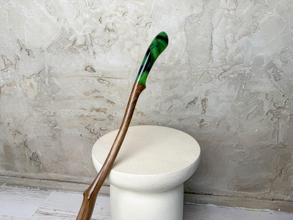 Handmade Wooden Shoehorn, Green Resin Base, Long Walnut Oak Shoe Horn