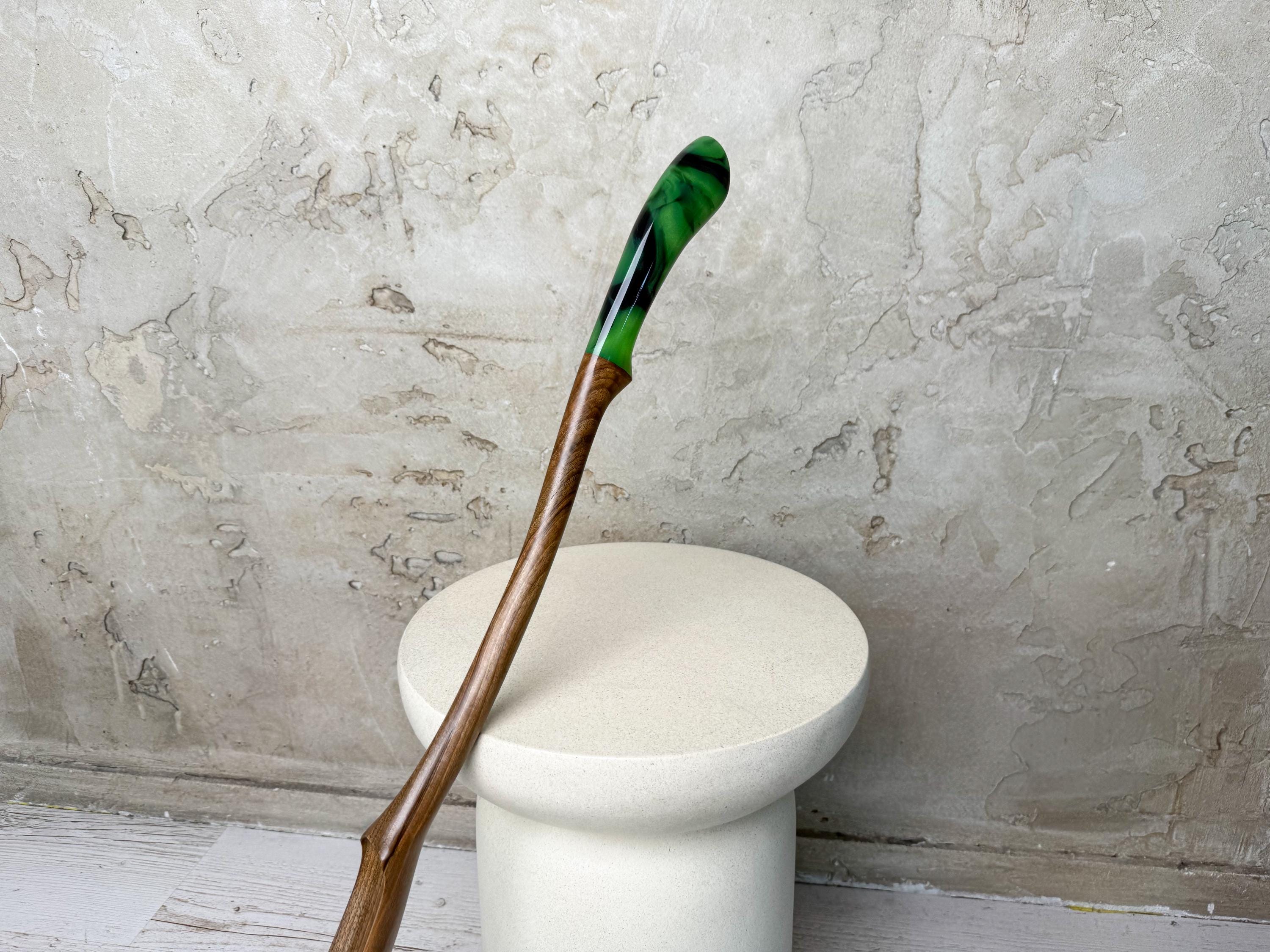Handmade Wooden Shoehorn, Green Resin Base, Long Walnut Oak Shoe Horn