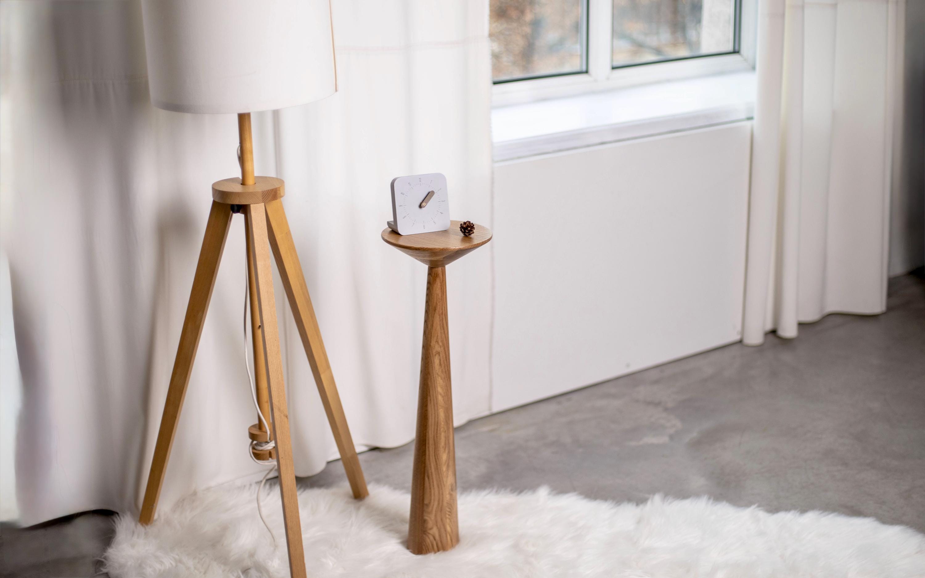 Small oak side table, modern pedestal table, minimalist wood accent decor