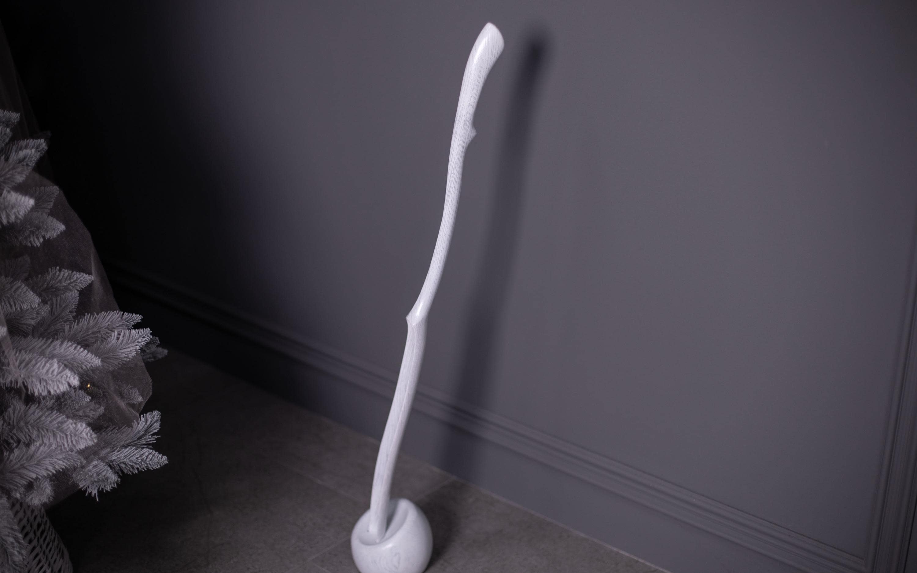 White long wooden shoe spoon, shoe horn with handle, entryway decor accessory