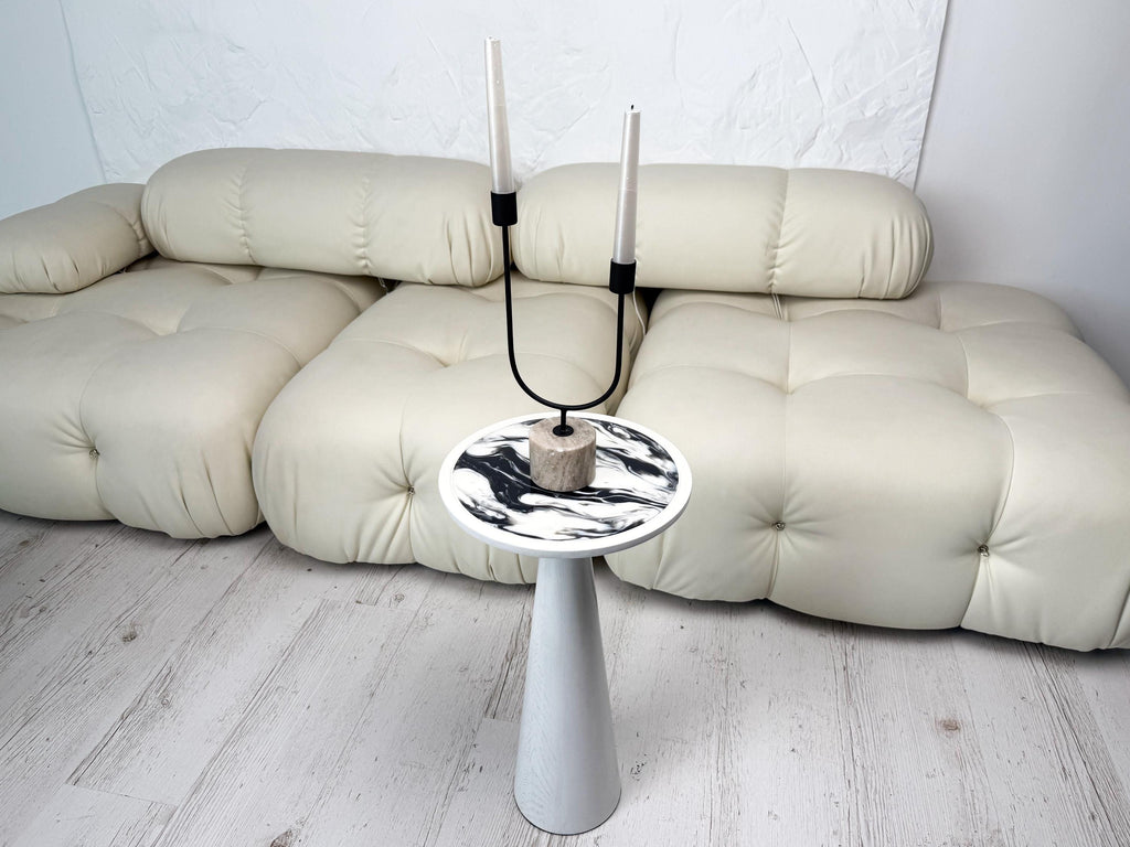 White epoxy resin plant stand, round wood side table, modern home decor gift