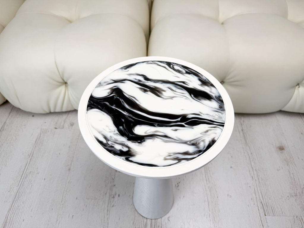 White epoxy resin plant stand, round wood side table, modern home decor gift