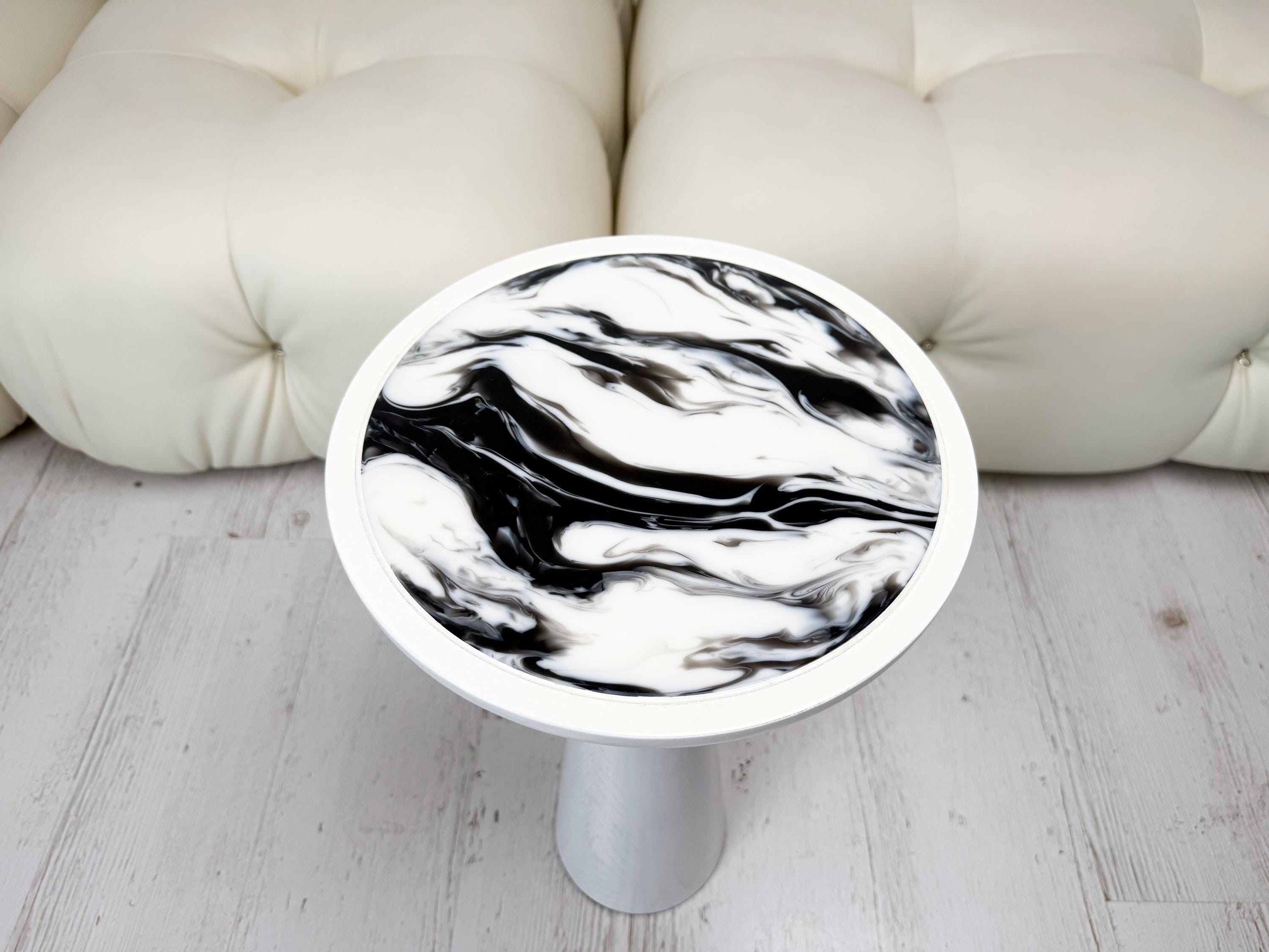 White epoxy resin plant stand, round wood side table, modern home decor gift