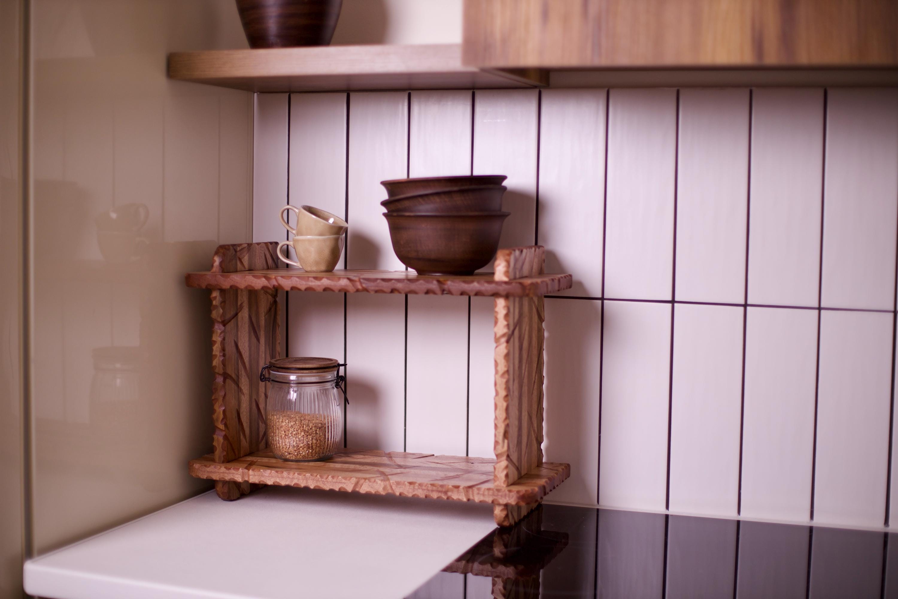 Kitchen wood counter organizer, display stand, handmade spice rack, mid century shelf