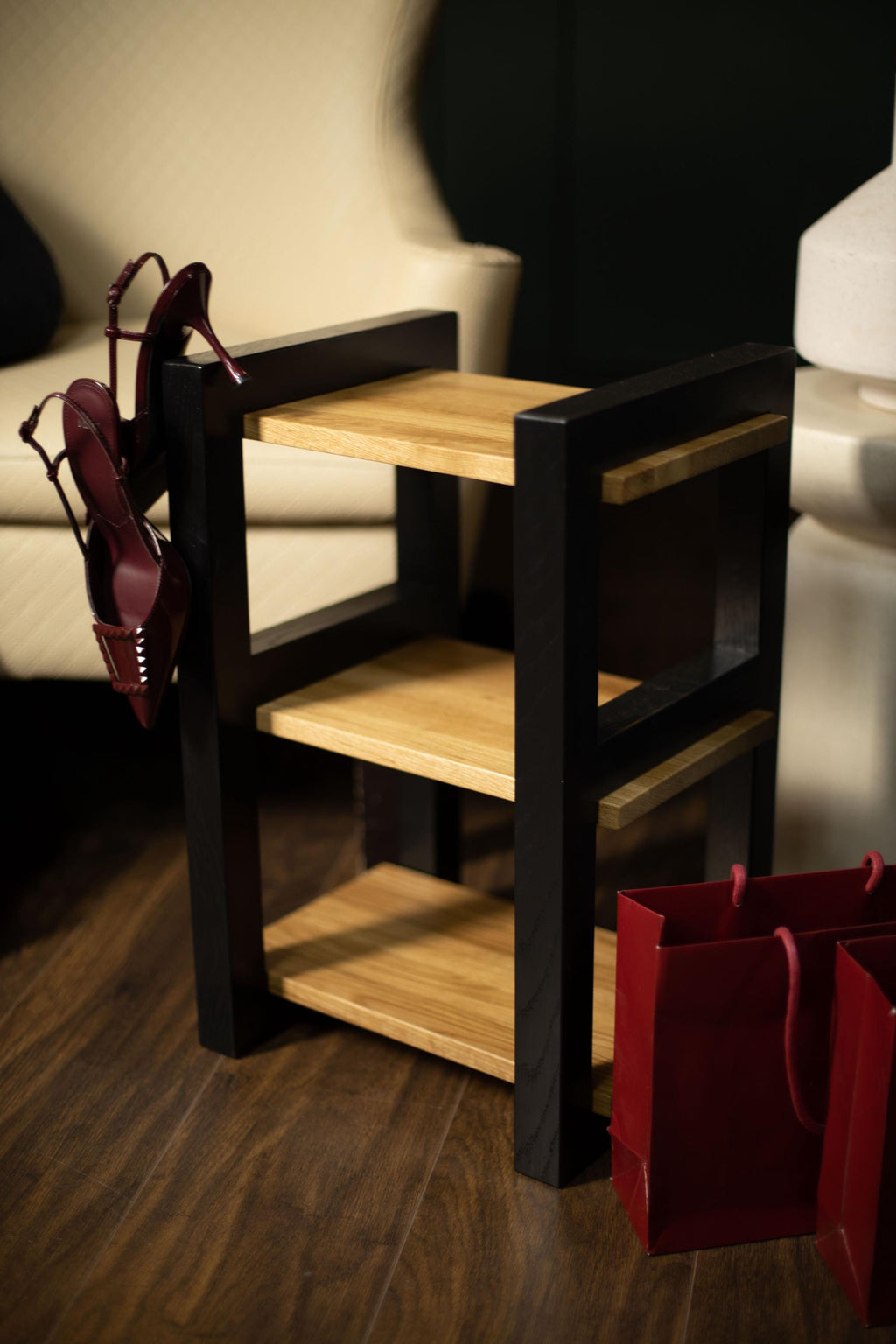 Handmade Oak Shoe Rack, Entryway Organizer Bench, Narrow Shoe Storage