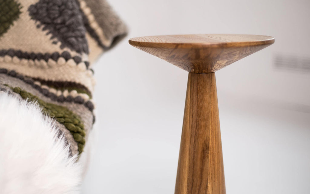 Small oak side table, modern pedestal table, minimalist wood accent decor