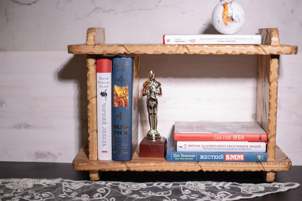 Farmhouse brown bookshelf, wooden desk shelf, book accessories, display shelf, bookish decor