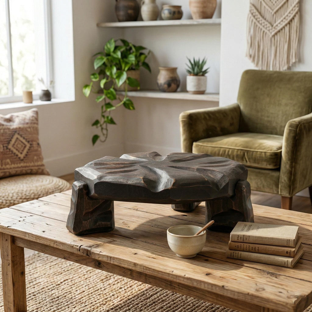 Handmade Graphite Grey Wooden Plant Stand, Sculptural Tabletop Decor