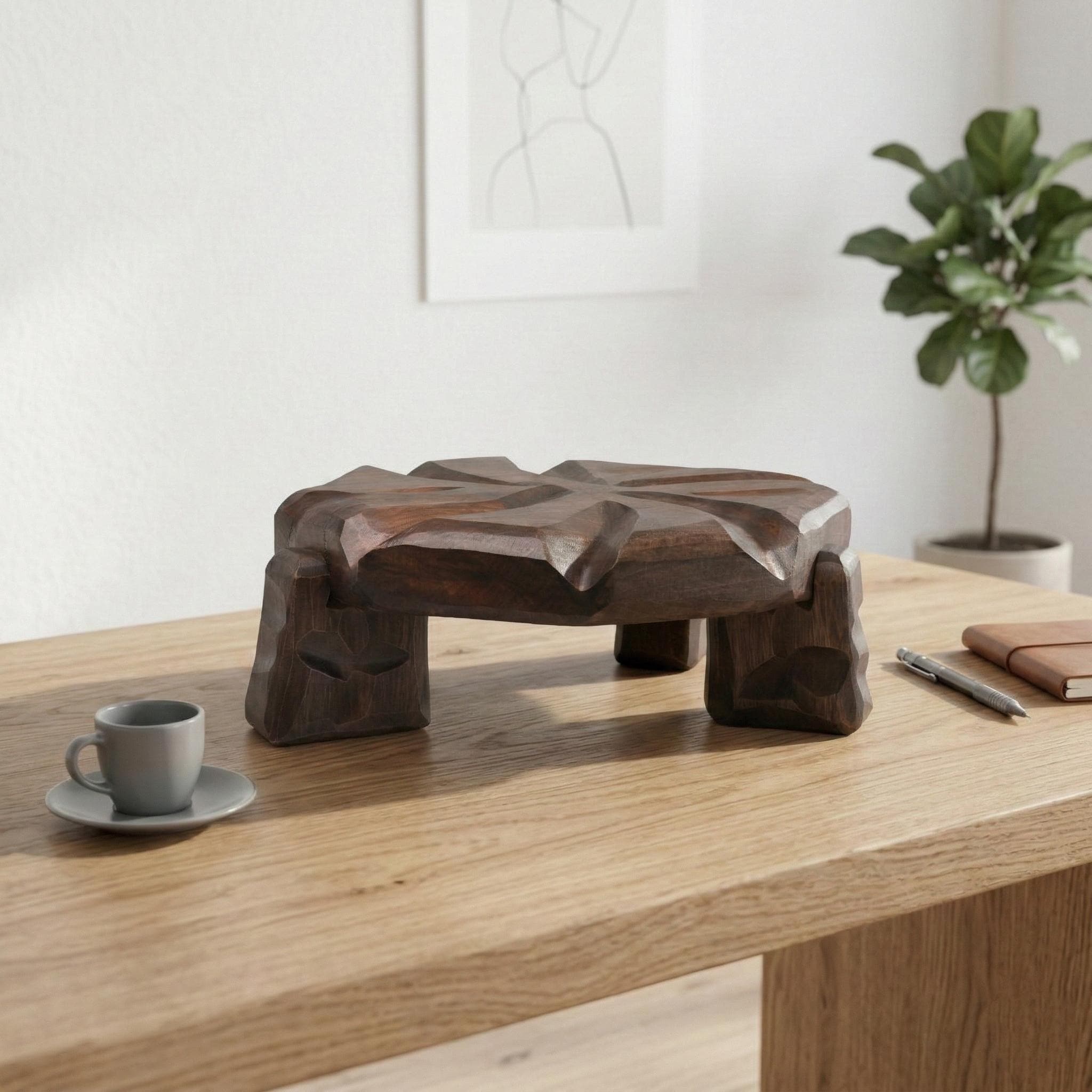 Handmade Greek Walnut Wood Plant Stand, Sculptural Tabletop Decor Accent