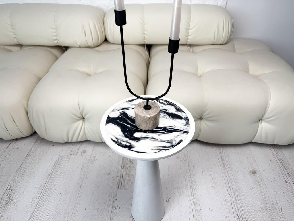 White epoxy resin plant stand, round wood side table, modern home decor gift