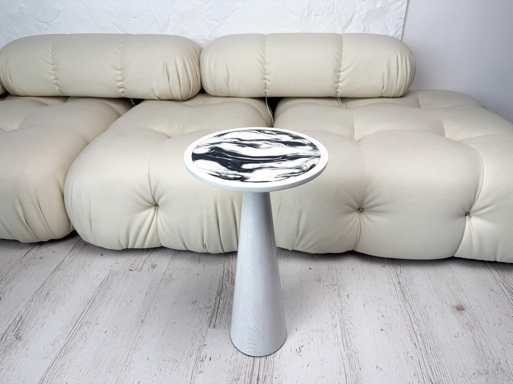 White epoxy resin plant stand, round wood side table, modern home decor gift