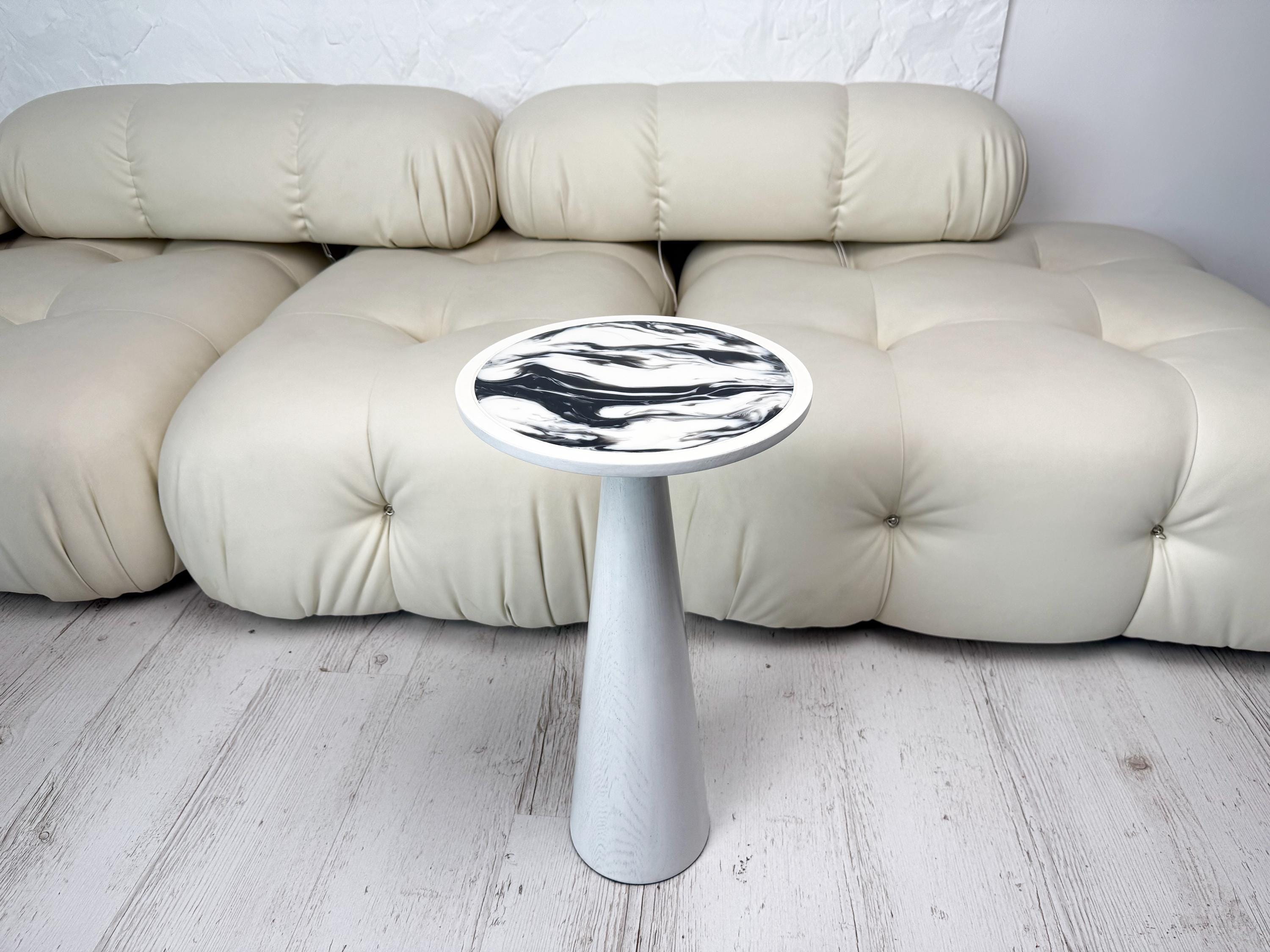 White epoxy resin plant stand, round wood side table, modern home decor gift