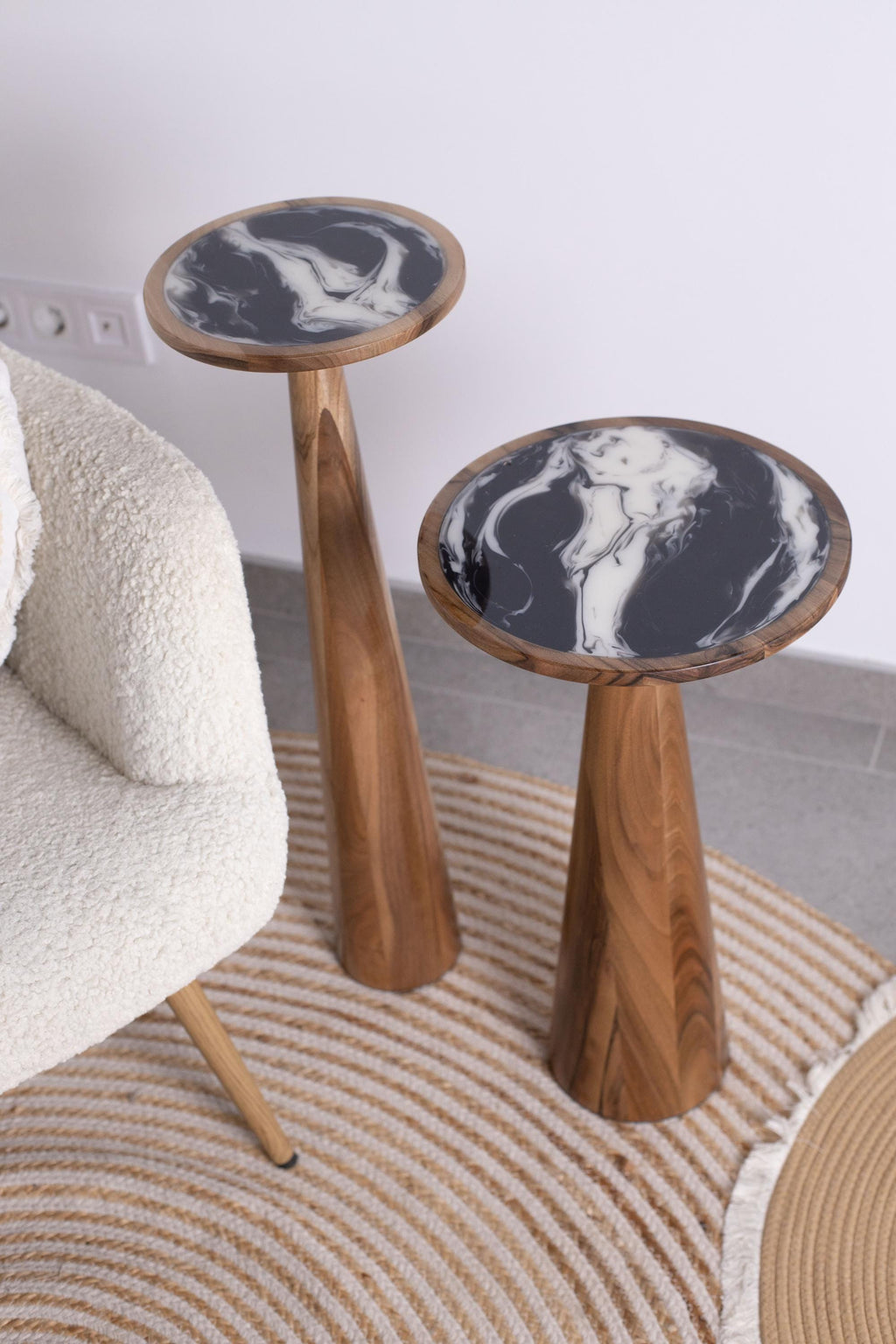 Handmade solid wood pedestal tables, tall round display stand